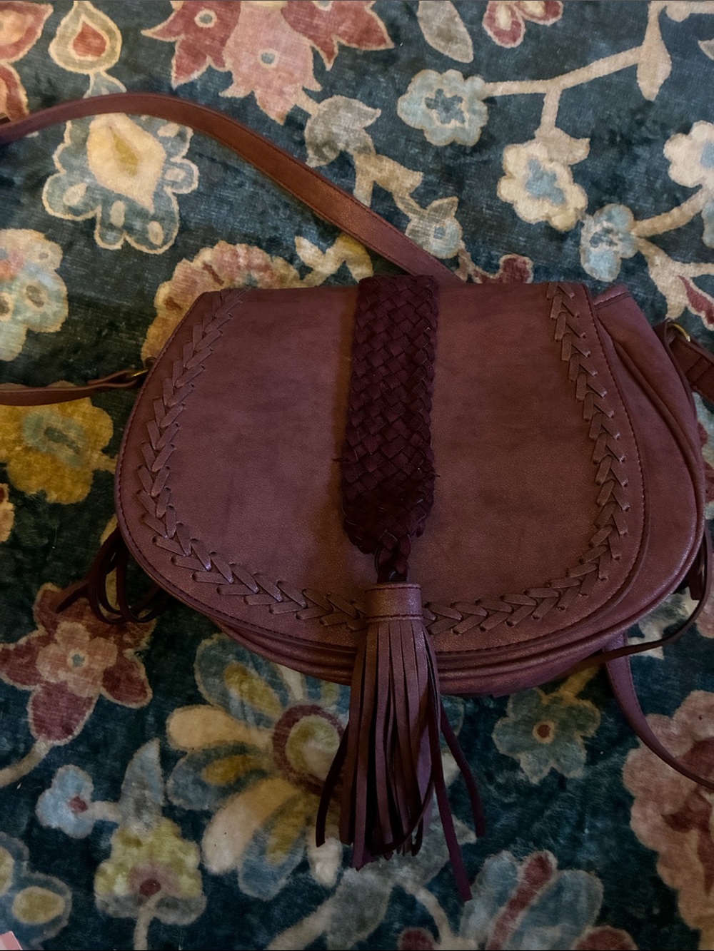 Steven By Steve Madden Burgundy Woven Tassel Saddle Crossbody Bag
